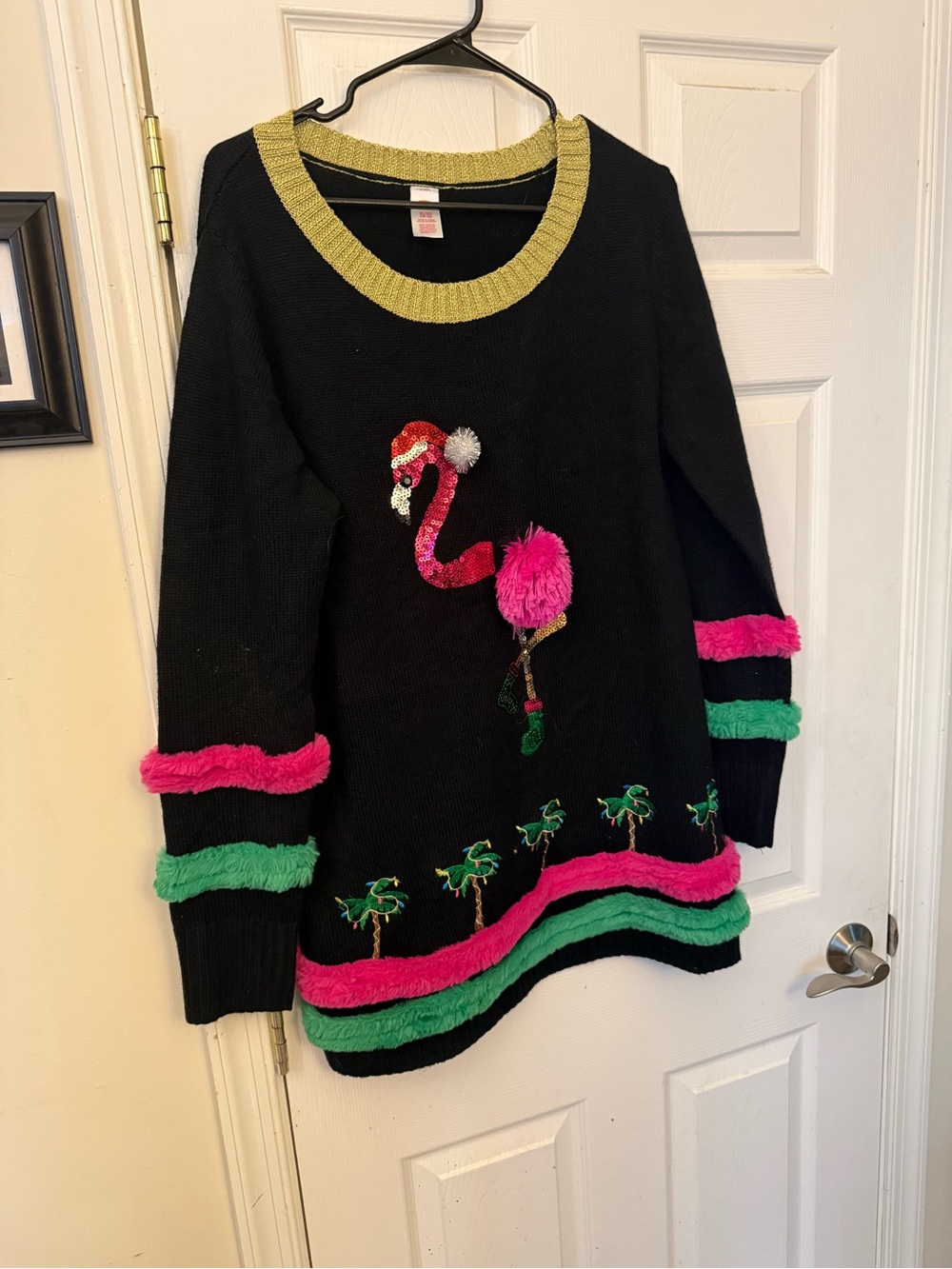 Holiday Time Black Sweater with Pink & Green Flamingo Trim